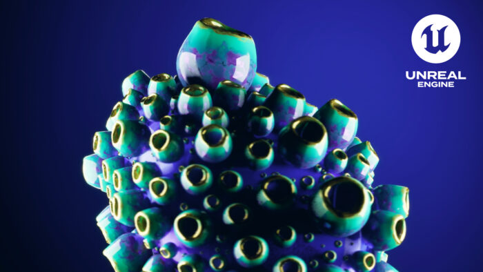 on a blue background in the center of the image there is a blob with a lot of cone like structures scattered on it. They are scattered close to each other and touch each other without intersecting. They vary in size and are colored from a seafoam green to a very deep blue. They have a golden rim on top. The object is very shiny and its lit by two lights from left and right which brings out sharp higlights on the cone surfaces. Overall the object is reminiscent of a abstract coral with a deep blue ocean as a background