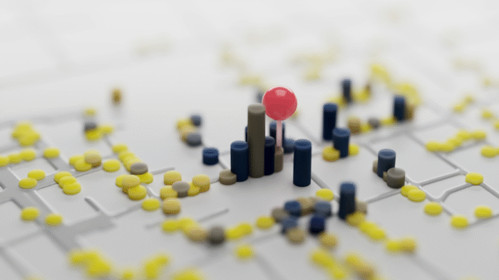 on a white map there are grey lines that indicate streets. Almost in the center there is pin with a red glossy pinhead. around it there are scattered tiny cylinders in varying heights. the colors of these cylinders change depending on their closeness to the pinhead from dark grey to bright yellow