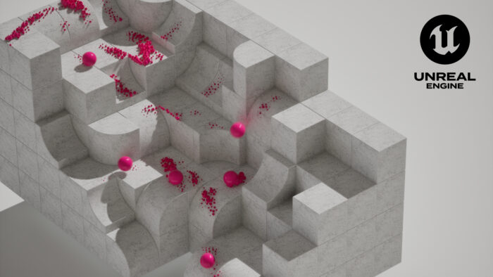 A mountain of marvel cubes, with bevelled edges on a few on them. There are pink balls that roll down the surface of this cube mountain. Those balls leave a trail of small, pink objects that are scattered randomly.