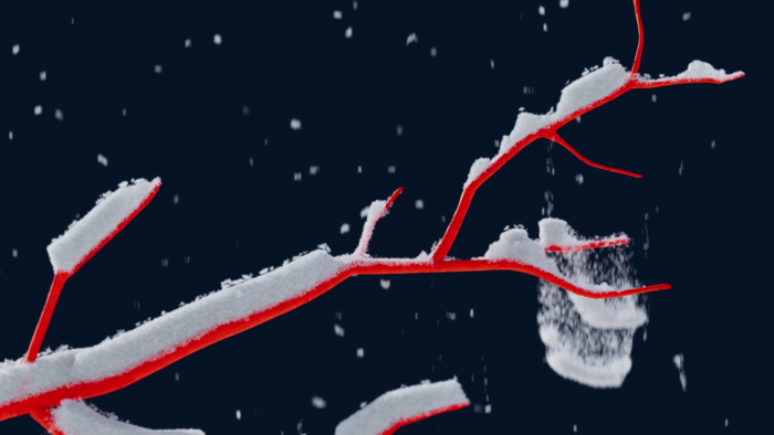 Falling snow landing on a twig, simulated with MPM in Houdini